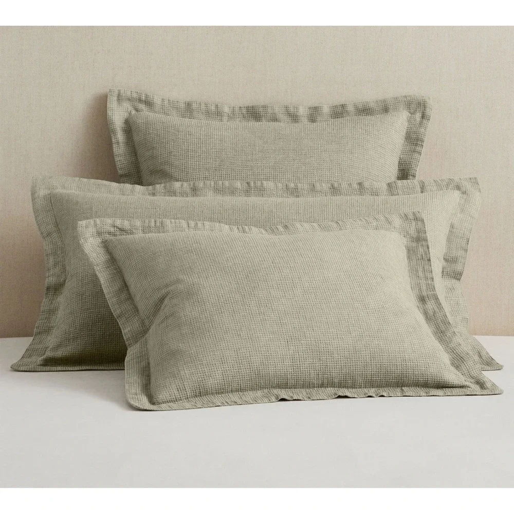 Pottery Barn Belgian Flax Linen Waffle Weave King Sham Set Eucalyptus 2pc New
